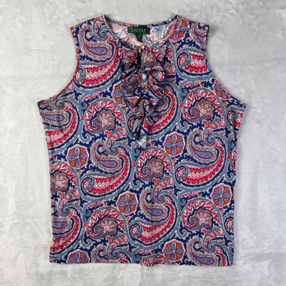 Lauren Ralph Lauren Tank‎ Top Womens 1X Red White Blue Paisley Fourth of July